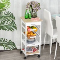 HOMCOM Mobile Rolling Kitchen Island Trolley for Home w/ Metal Baskets Trays Shelves Wheels Compact Stylish Storage White(m-2)
