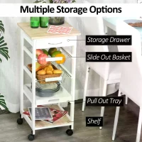 HOMCOM Mobile Rolling Kitchen Island Trolley for Home w/ Metal Baskets Trays Shelves Wheels Compact Stylish Storage White(m-4)