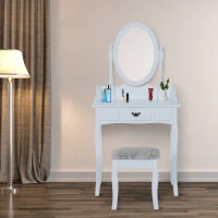 HOMCOM Wooden Dressing Table Vanity Set Makeup Shabby Chic Vintage Style Jewelry Cosmetic Storage Drawer Padded Seat w/Mirror & Stool (White)(m-1)