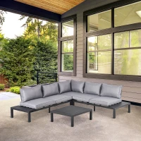 Outsunny 4 Pieces L-shape Aluminium Garden Corner Sofa Set with Padded Cushions Outdoor Furniture with Coffee Table for Patio Backyard Grey(m-2)