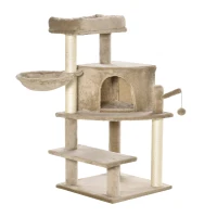 PawHut Cat Tree Tower for Indoor Cats 100cm Climbing Kitten Activity Centre with Sisal Scratching Post Perch Roomy Condo Hammock Bed Hanging Toy, Brown(m-1)