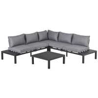 Outsunny 4 Pieces L-shape Aluminium Garden Corner Sofa Set with Padded Cushions Outdoor Furniture with Coffee Table for Patio Backyard Grey(m-1)