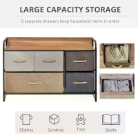 HOMCOM 5-Drawer Dresser, Linen Fabric Chest of Drawers, Dresser Tower Unit for Bedroom Hallway Entryway, Storage Organizer with Steel Frame Wooden Top(m-5)
