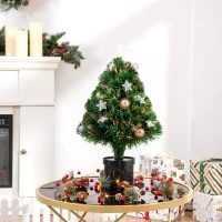 HOMCOM 2FT Pre-lit Artificial Christmas Tree Tabletop Multicoloured Fibre Optic Xmas Decoration w/ LED Lights Pot Table Desk - Green(m-2)