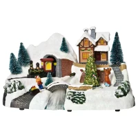 HOMCOM Prelit Christmas Musical Villages with Rotating Tree Animated Xmas Village with Sound Fibre Optic Transformer or Battery-Operated Festival Decoration for Tabletop(m-11)