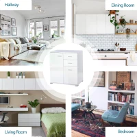 HOMCOM Modern High Gloss Sideboard Storage Cabinet Table Chest of Drawers for Bedroom Living Room Storage Furniture, White(m-7)