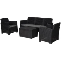 Outsunny Garden PP Rattan Style Sofa Table Set 5 Seater Outdoor Patio 2 Single Chairs & 1 Bench Conservatory Furniture Cushioned - Black(m-2)