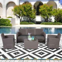 Outsunny Garden PP Rattan Style Sofa Table Set 5 Seater Outdoor Patio 2 Single Chairs & 1 Bench Conservatory Furniture Cushioned - Grey(m-1)