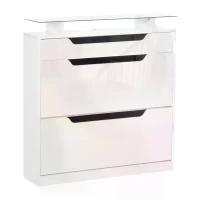 HOMCOM Shoe Storage Cabinet, Shoe Cupboard with Slide Out Drawer, 2 Flip Doors, Tempered Glass Top and Adjustable Shelves for 16 Pairs of Shoes, White(m-1)