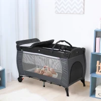 HOMCOM Portable Baby Infant Travel Cot Bassinet and Changing Top Metal Frame Mesh Panel Storage Pocket Locking Wheels 0-3 Yrs Grey(m-1)