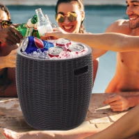 Outsunny 45L Outdoor Patio Rattan Effect Cooler Wicker Knit Round Stool Bar Table Garden Furniture Bucket - Black(m-1)