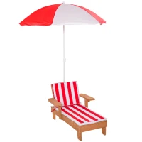 Outsunny Wooden Kids Sun Lounger with Foldable Adjustable Parasol Cushion Outdoor Patio Garden Furniture Red 90 x 59 x 53cm(m-1)