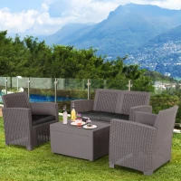 Outsunny Garden PP Rattan Style Sofa Table Set 4 Seater Outdoor Patio 2 Single Chairs & 1 Bench Conservatory Furniture Cushioned Grey(m-1)