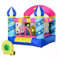 Outsunny Kids Bouncy Castle, Inflatable Trampoline with Blower for Age 3-8 Castle Stars Design 1.95 x 1.95 x 2.15m(m-10)