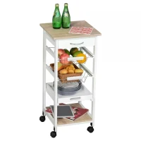 HOMCOM Mobile Rolling Kitchen Island Trolley for Home w/ Metal Baskets Trays Shelves Wheels Compact Stylish Storage White(m-12)