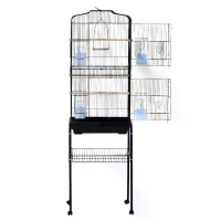 PawHut Large Metal Bird Cage with Breeding Stand Feeding Tray Wheels for Canary, Finch, Parakeet, Budgerigar, Black, 47.5 L x 37 W x 160 H (cm)(m-11)