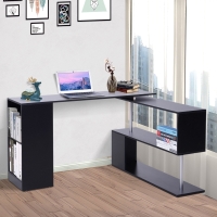HOMCOM 55" 360° Rotating Corner Computer Desk Modern L-Shaped Home Office Workstation with 2-Tier Storage Shelves, Bookshelf, Black
