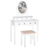 HOMCOM 4-Drawer Dressing Table & Stool Set w/ Moving Mirror Cushioned Seat Wood Legs Oval Makeup Vanity Dresser Desk White(m-1)