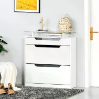 HOMCOM Shoe Storage Cabinet, Shoe Cupboard with Slide Out Drawer, 2 Flip Doors, Tempered Glass Top and Adjustable Shelves for 16 Pairs of Shoes, White(m-10)