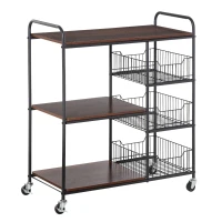 HOMCOM kichen Cart Storage Trolley Dining Serving Cart w/ Shelves Baskets Handles Wheels Home Living Room Kitchen Brown Black(m-1)