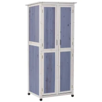 Outsunny Outdoor Garden Shed Wooden Garden Cabinet 3-Tier Double-door Storage Shed 2 Shelves Organizer with Handle Hooks Magnetic Latch Foot Pad 77 x 58 x 175cm Blue(m-1)