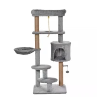 PawHut Cat Tree Tower for Indoor Cats 120cm Climbing Kitten Activity Center with Jute Scratching Post Perch Hanging Ball Hammock Teasing Rope Condo Toy Light Grey(m-9)