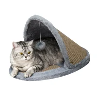 PawHut Cat House Kitten Bed Pet Furniture with Sisal Scratching Area Soft Plush for Rest and Play, Grey and Brown(m-1)