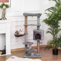 PawHut Cat Tree Tower for Indoor Cats 120cm Climbing Kitten Activity Center with Jute Scratching Post Perch Hanging Ball Hammock Teasing Rope Condo Toy Light Grey(m-2)