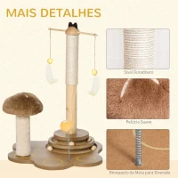 PawHut Arranhador para Gatos com Postes de Sisal em Forma de Cogumelo Brinquedo Suspenso Penas Pista de Bolas de Madeira e Bola com Mola 46x44x56,5cm Marrom e Bege(m-6)