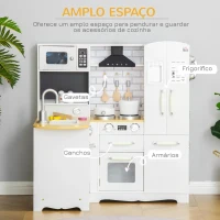 HOMCOM Cozinha Infantil de Madeira para Crianças de 3-6 Anos com Sons 14 Acessórios Cozinha Infantil com Telefone Lavatório Microondas e Grifo 82x65x87cm Branco(m-4)