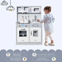 HOMCOM Cozinha Infantil de Madeira para Crianças de 3-6 Anos Cozinha de Madeira Infantil com Luz Sons Acessórios Utensílios Exaustor Lavatório e Microondas 60x29x84cm Cinza(m-7)