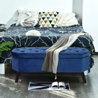HOMCOM Home Storage Ottoman Bench Footrest Wood Velvet for Entryway, Living Room, Bedroom Dark Blue(m-2)
