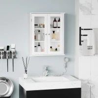 kleankin Armário Casa de Banho de Parede com 2 Portas de Cristal Armário Suspenso com Prateleiras Ajustáveis em Altura Multiuso para Cozinhas Sala de Estar 55x20x65cm Branco(m-2)