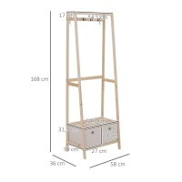 HOMCOM Suporte para Cabides de Madeira 2 Prateleiras Cabide com 2 Gavetas de Tecido 4 Ganchos e Barra para Pendurar 58x36x168cm Madeira(m-3)