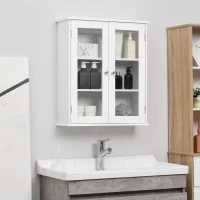 kleankin Armário Casa de Banho de Parede com 2 Portas de Cristal Armário Suspenso com Prateleiras Ajustáveis em Altura Multiuso para Cozinhas Sala de Estar 55x20x65cm Branco(m-11)