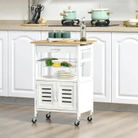 HOMCOM Carrinho de Cozinha com Rodas Carro de Armazenamento Multiúso com Bancada de Bambu Gaveta Cesta Metálica e Armário de 2 Portas de Persiana 58x37x83cm Branco(m-2)