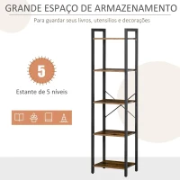 HOMCOM Estante de Estilo Industrial de 5 Níveis Estante para Livros de Armazenamento com Estrutura de Aço para Sala de Estar Escritório Cozinha Dormitório 40x30x154cm Marrom Rústico(m-4)