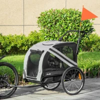 PawHut Reboque de Bicicleta para Cães 2 em 1 Transporte para Animais de Estimação com Porta Enrolável Janelas Cinto de Segurança Bandeira e 6 Refletores 140x72,5x108 cm Cinza(m-2)