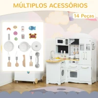 HOMCOM Cozinha Infantil de Madeira para Crianças de 3-6 Anos com Sons 14 Acessórios Cozinha Infantil com Telefone Lavatório Microondas e Grifo 82x65x87cm Branco(m-5)