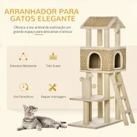 PawHut Árvore Arranhadora para Gatos Grande Altura 131cm com Caverna Postes de Sisal Natural Plataformas Bola Suspensa e Moinho de Vento de Brinquedo 69x40x131cm Bege(m-4)