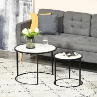 HOMCOM Conjunto de 2 Mesas Auxiliares Redondas Empilháveis Mesa de Centro Modernas com Bancada em Efeito de Mármore e Estrutura de Aço Ø60x46cm e Ø40x40cm Branco(m-2)