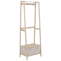 HOMCOM Suporte para Cabides de Madeira 2 Prateleiras Cabide com 2 Gavetas de Tecido 4 Ganchos e Barra para Pendurar 58x36x168cm Madeira(m-1)