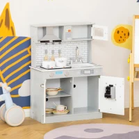 HOMCOM Cozinha Infantil de Madeira para Crianças de 3-6 Anos Cozinha de Madeira Infantil com Luz Sons Acessórios Utensílios Exaustor Lavatório e Microondas 60x29x84cm Cinza(m-8)