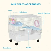 PawHut Gaiola para Hamster Gaiola para Pequenos Roedores com Casa Comedouro Bebedouro Roda de Exercícios Alça e Rodas com Freio 60x35x47cm Branco(m-5)