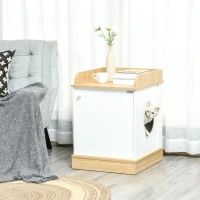 PawHut Casa para Gatos de Madeira Móvel Caixa de Areia para Gatos 2 em 1 com Bancada de Armazenamento Porta e Orifício de Entrada Lateral 48,5x53x67cm Branco e Carvalho(m-2)
