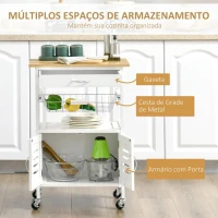 HOMCOM Carrinho de Cozinha com Rodas Carro de Armazenamento Multiúso com Bancada de Bambu Gaveta Cesta Metálica e Armário de 2 Portas de Persiana 58x37x83cm Branco(m-4)