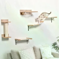 PawHut 4PCs Wall-mounted Cats Climbing Shelf Set Cat Tree Kitten Perch Activity Center with Hammock Scratching Post Jumping Platform Brown(m-2)