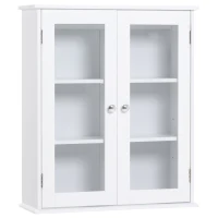 kleankin Armário Casa de Banho de Parede com 2 Portas de Cristal Armário Suspenso com Prateleiras Ajustáveis em Altura Multiuso para Cozinhas Sala de Estar 55x20x65cm Branco(m-1)