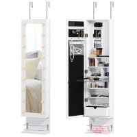 HOMCOM Espelho com Móvel de Bijuterias de Parede ou Porta Armário Guarda Jóias com 18 Luzes LED Altura Ajustável e Prateleira Aberta Organizador de Jóias 31,7x13,4x130cm Branco(m-1)