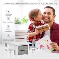HOMCOM Conjunto de Mesa Infantil de Madeira com 2 Cadeiras 2 Gavetas de TNT de Armazenamento Mobiliário para Crianças Secretária 71x48x49cm Cadeiras 29x27x53cm Branco e Cinza(m-4)
